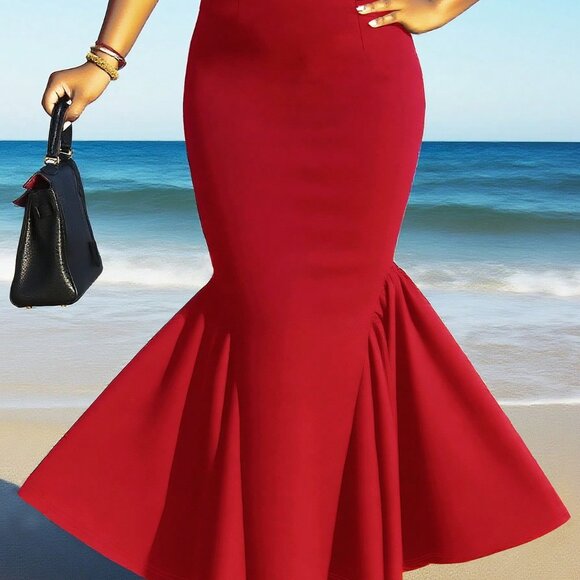 Red Elegant Bodycon Women's Bodycon Mermaid Half-Skirt - Picture 4 of 7